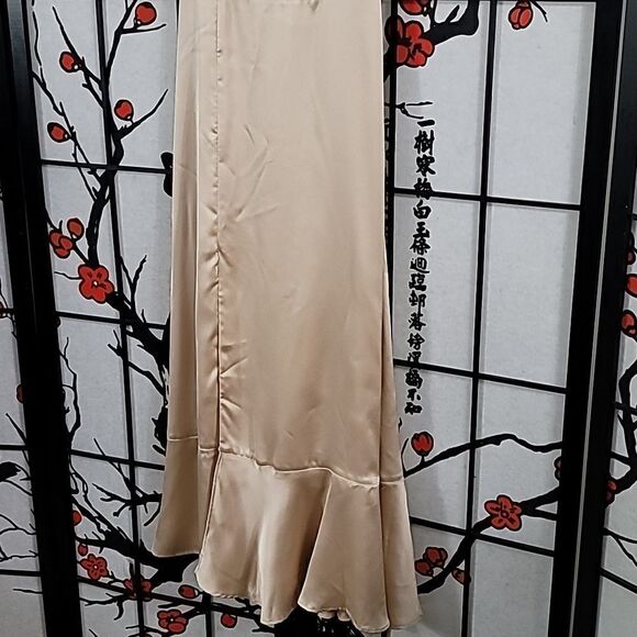 Show Me Your Mumu "Claire" champagne gold satin midi dress with bottom ruffle, l - Picture 4 of 12
